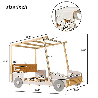 Whisen Wooden Car Bed with Pillow, Ceiling Cloth and LED