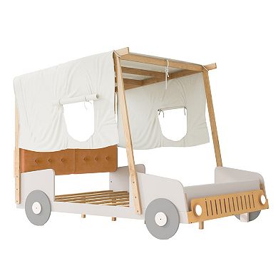 Whisen Wooden Car Bed with Pillow, Ceiling Cloth and LED