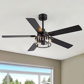 52-Inch Ceiling Fan with Light, Crystal Cage Shade, Reversible Blades, DC Motor, 2 Downrods