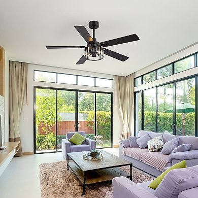 52-Inch Ceiling Fan with Light, Crystal Cage Shade, Reversible Blades, DC Motor, 2 Downrods