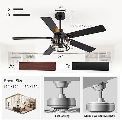 52-Inch Ceiling Fan with Light, Crystal Cage Shade, Reversible Blades, DC Motor, 2 Downrods