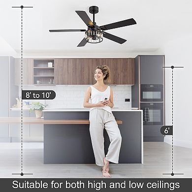 52-Inch Ceiling Fan with Light, Crystal Cage Shade, Reversible Blades, DC Motor, 2 Downrods