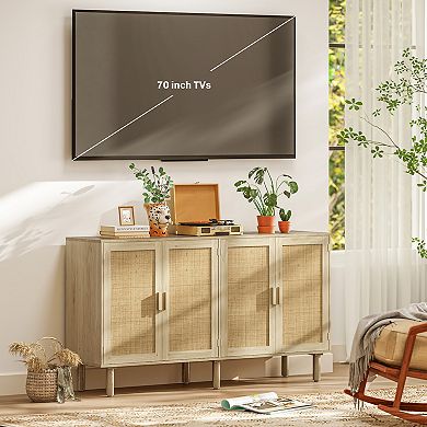 HOMCOM Bohemian Sideboard with 4 Rattan Doors and Shelves