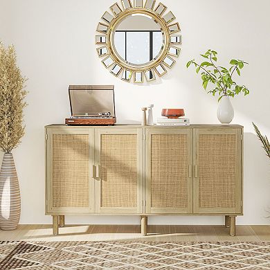 HOMCOM Bohemian Sideboard with 4 Rattan Doors and Shelves