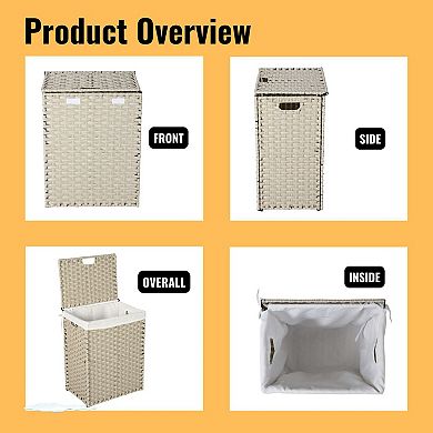 Laundry Hamper With Lid PE Rattan Powder Coating Frame Clothes Hampers with 01 Removable Bags, 100L