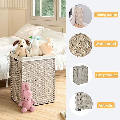 Laundry Hamper With Lid PE Rattan Powder Coating Frame Clothes Hampers with 01 Removable Bags, 100L