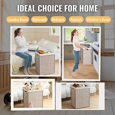 Laundry Hamper With Lid PE Rattan Powder Coating Frame Clothes Hampers with 01 Removable Bags, 100L