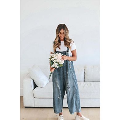 Women Loose Adjustable Strap Denim Bib Overall Jeans Distressed Wide Leg Baggy Overalls Jumpsuit