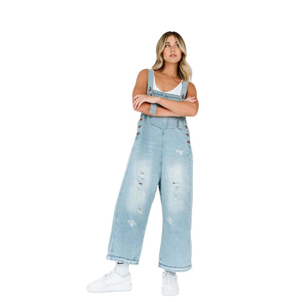 Женские комбинезоны Women Loose Adjustable Strap Denim Bib Overall Jeans Distressed Wide Leg Baggy Overalls Jumpsuit