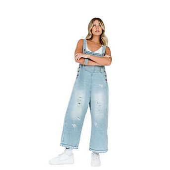 Women Loose Adjustable Strap Denim Bib Overall Jeans Distressed Wide Leg Baggy Overalls Jumpsuit