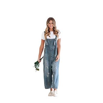 Women Loose Adjustable Strap Denim Bib Overall Jeans Distressed Wide Leg Baggy Overalls Jumpsuit