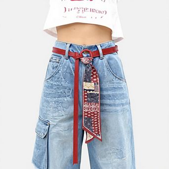 Women's Faux Leather Belt with Patterned Scarf Tie and Metal Loop Detail 53x0.8in