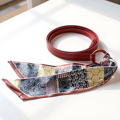 Women's Faux Leather Belt with Patterned Scarf Tie and Metal Loop Detail 53x0.8in