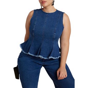 ELOQUII Women's Plus Size Denim Peplum Top