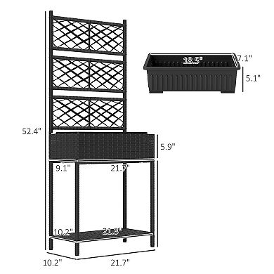 Outsunny Rattan Raised Planter Box with Trellis and Storage Shelf