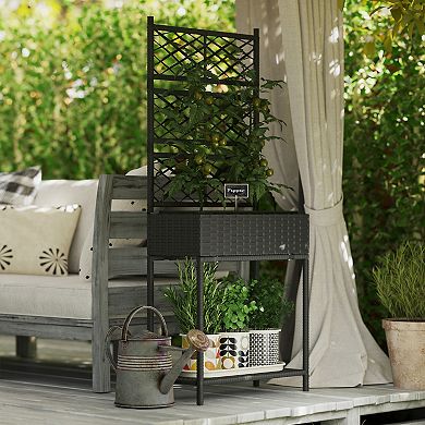 Outsunny Rattan Raised Planter Box with Trellis and Storage Shelf