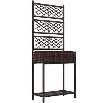 Outsunny Rattan Raised Planter Box with Trellis and Storage Shelf
