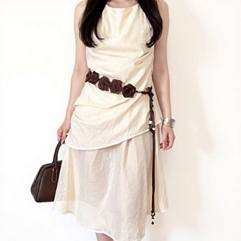 Women's Fabric Flower Waist Belt with Beaded Tassel Ties and Adjustable Wrap Design 51 in