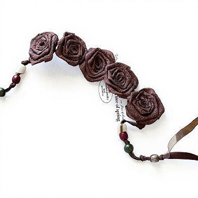 Women's Fabric Flower Waist Belt with Beaded Tassel Ties and Adjustable Wrap Design 51in