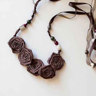 Women's Fabric Flower Waist Belt with Beaded Tassel Ties and Adjustable Wrap Design 51in