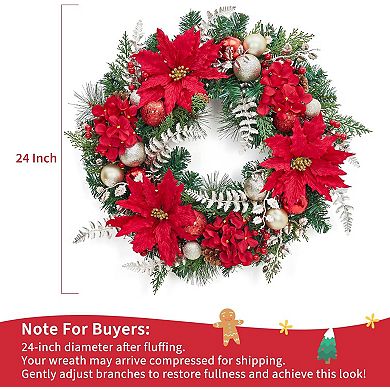 24 inch Pre-Lit Xmas Wreath with 20 Lights, Red Flowers, Multi-color Christmas Balls