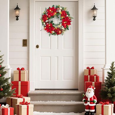 24 inch Pre-Lit Xmas Wreath with 20 Lights, Red Flowers, Multi-color Christmas Balls