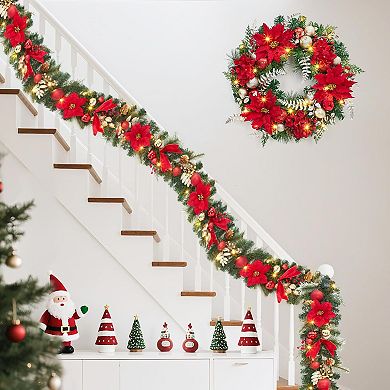 24 inch Pre-Lit Xmas Wreath with 20 Lights, Red Flowers, Multi-color Christmas Balls