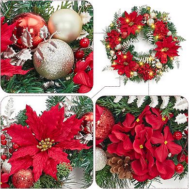 24 inch Pre-Lit Xmas Wreath with 20 Lights, Red Flowers, Multi-color Christmas Balls