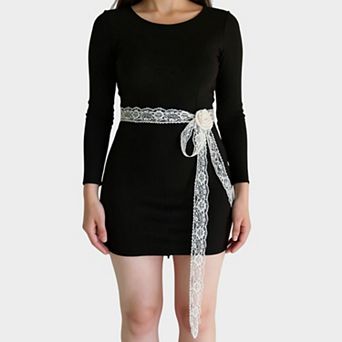 Women's Lace Floral Ribbon Belt with Long Tie and Rosette Accent 71x2.5in