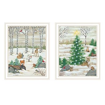 LOVMOR Decor 4U 2 pc Woodland Critters for Christmas White Framed Wall Art