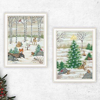 LOVMOR Decor 4U 2 Piece Woodland Critters for Christmas White Framed Wall Art