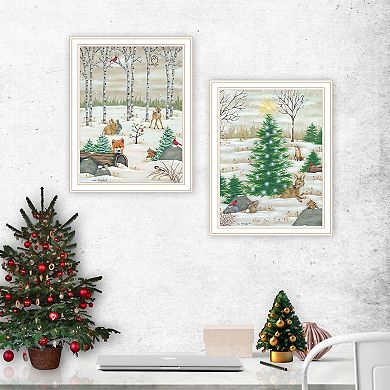 LOVMOR Decor 4U 2 Piece Woodland Critters for Christmas White Framed Wall Art