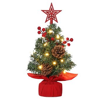 12 Inch Mini Tabletop Christmas Tree with 1 Top Star, 20 Lights, 2 Red Berries & 2 Pine Cones