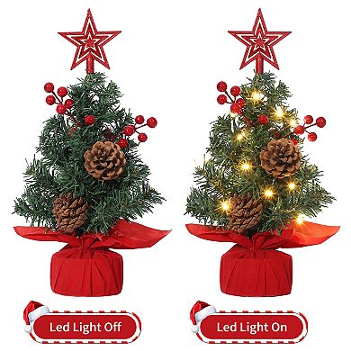 12 Inch Mini Tabletop Christmas Tree with 1 Top Star, 20 Lights, 2 Red Berries & 2 Pine Cones