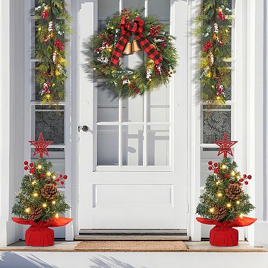 12 Inch Mini Tabletop Christmas Tree with 1 Top Star, 20 Lights, 2 Red Berries & 2 Pine Cones