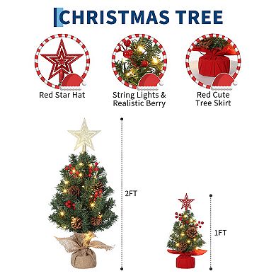 12 Inch Mini Tabletop Christmas Tree with 1 Top Star, 20 Lights, 2 Red Berries & 2 Pine Cones