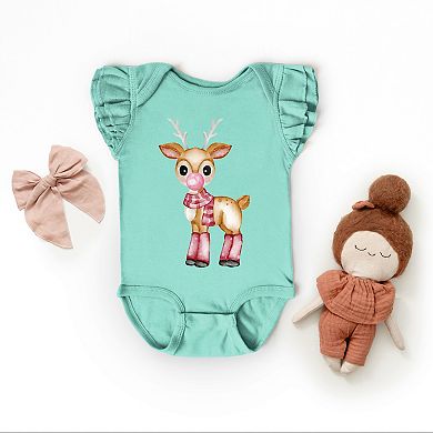 Watercolor Reindeer Bubblegum - Flutter Sleeve Bodysuit