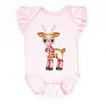 Watercolor Reindeer Bubblegum - Flutter Sleeve Bodysuit