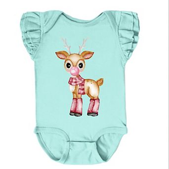 Watercolor Reindeer Bubblegum - Flutter Sleeve Bodysuit