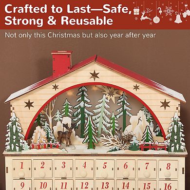 LOVMOR Wooden Christmas Advent Calendar 24 Countdown Drawers LED Lights Battery Operated