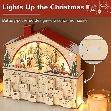 LOVMOR Wooden Christmas Advent Calendar 24 Countdown Drawers LED Lights Battery Operated