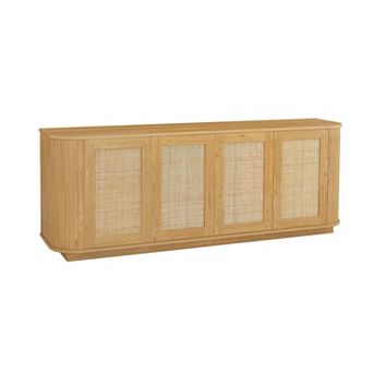 Whisen Wave Shaped 24''H Low Storage Cabinet, Wood Vertical Striped Cabinet with Rattan Doors