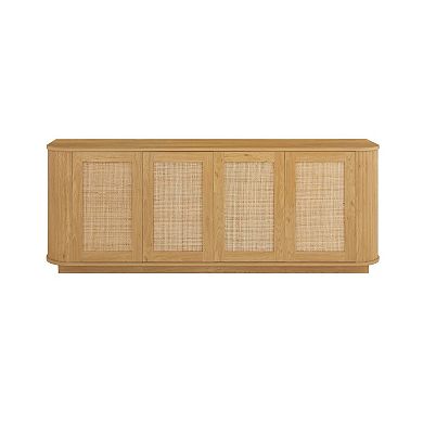 Whisen Wave Shaped 24''H Low Storage Cabinet, Wood Vertical Striped Cabinet with Rattan Doors