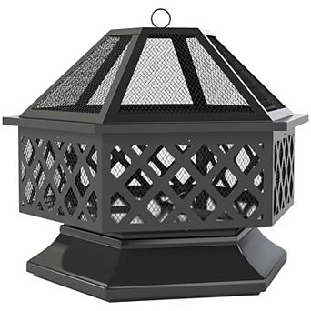 Outsunny 28inch Outdoor Fire Pit with Grill Poker Wood Burning Firepit