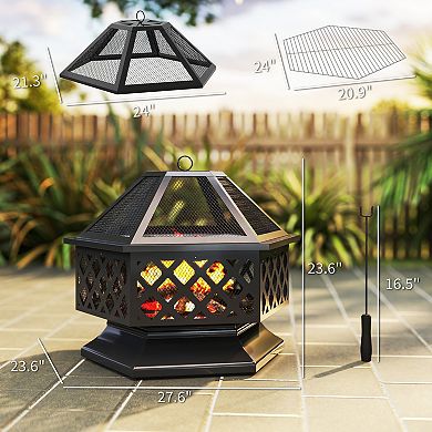 Outsunny 28inch Outdoor Fire Pit with Grill Poker Wood Burning Firepit