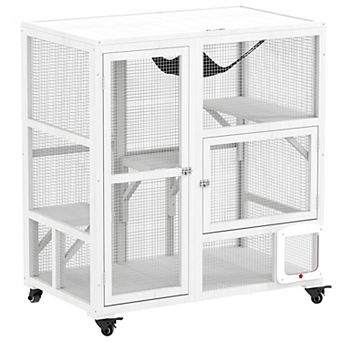 PawHut Indoor Cat Enclosure on Wheels, Cat House with Openable Top