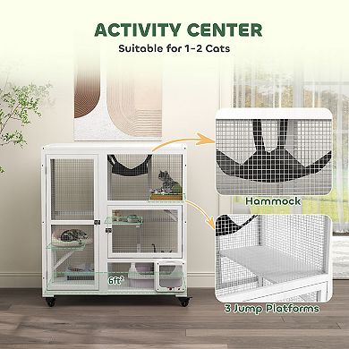 PawHut Indoor Cat Enclosure on Wheels, Cat House with Openable Top