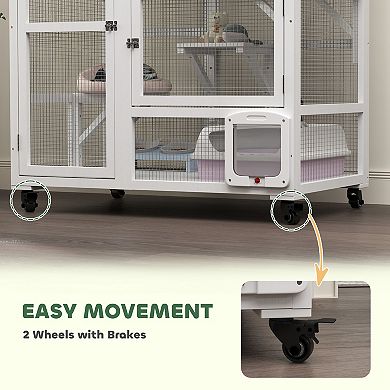 PawHut Indoor Cat Enclosure on Wheels, Cat House with Openable Top