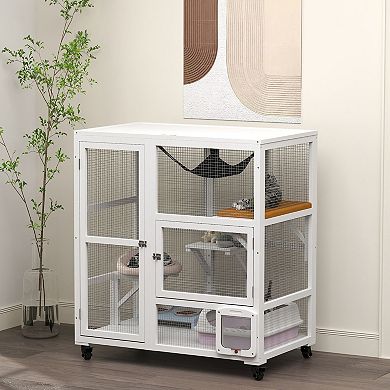 PawHut Indoor Cat Enclosure on Wheels, Cat House with Openable Top