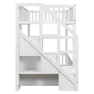 Whisen Twin over Twin Floor Bunk Bed, Ladder with Storage